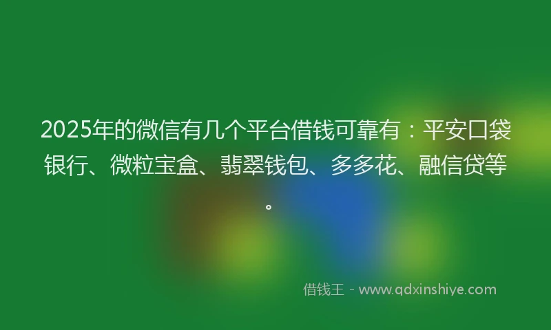 2025年的微信有几个平台借钱可靠有：平安口袋银行、微粒宝盒、翡翠钱包、多多花、融信贷等。