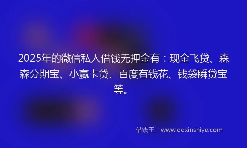 2025年的微信私人借钱无押金有：现金飞贷、森森分期宝、小赢卡贷、百度有钱花、钱袋瞬贷宝等。