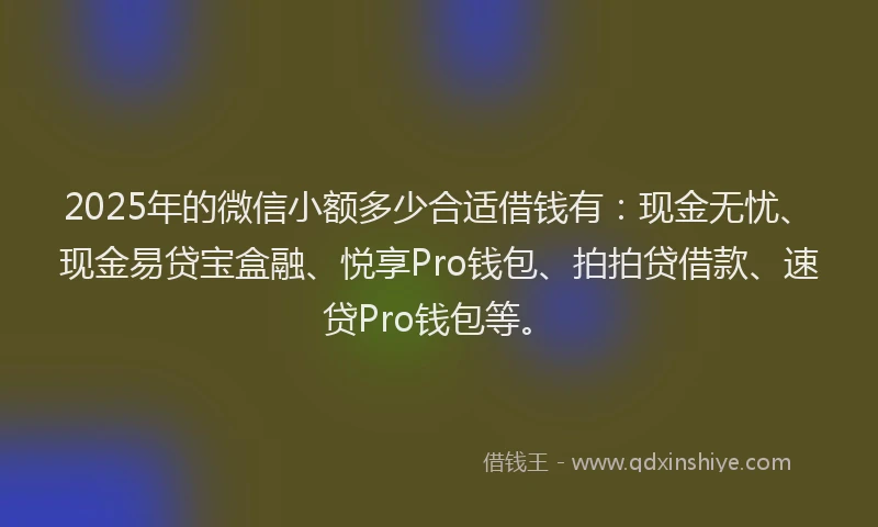 2025年的微信小额多少合适借钱有：现金无忧、现金易贷宝盒融、悦享Pro钱包、拍拍贷借款、速贷Pro钱包等。