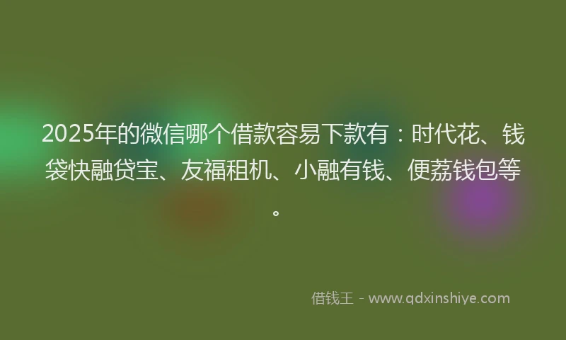 2025年的微信哪个借款容易下款有：时代花、钱袋快融贷宝、友福租机、小融有钱、便荔钱包等。