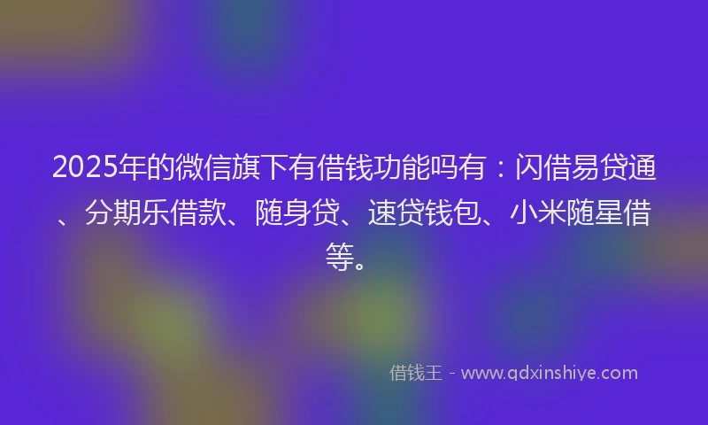 2025年的微信旗下有借钱功能吗有：闪借易贷通、分期乐借款、随身贷、速贷钱包、小米随星借等。