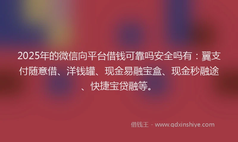 2025年的微信向平台借钱可靠吗安全吗有：翼支付随意借、洋钱罐、现金易融宝盒、现金秒融途、快捷宝贷融等。