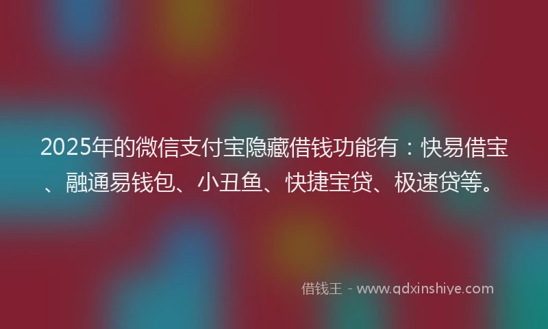 2025年的微信支付宝隐藏借钱功能有：快易借宝、融通易钱包、小丑鱼、快捷宝贷、极速贷等。