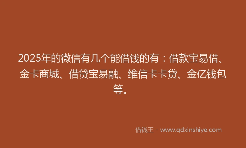 2025年的微信有几个能借钱的有：借款宝易借、金卡商城、借贷宝易融、维信卡卡贷、金亿钱包等。