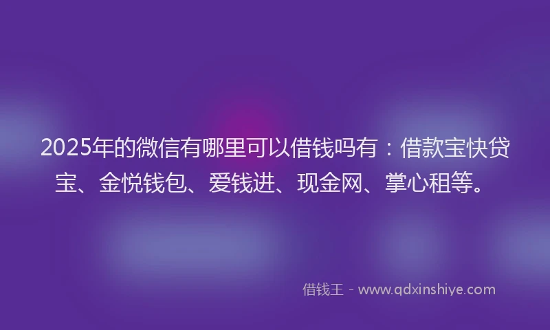 2025年的微信有哪里可以借钱吗有：借款宝快贷宝、金悦钱包、爱钱进、现金网、掌心租等。