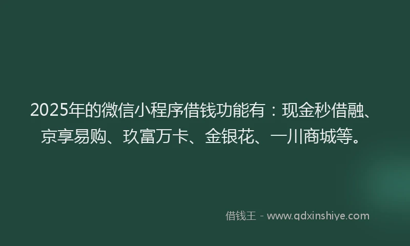 2025年的微信小程序借钱功能有：现金秒借融、京享易购、玖富万卡、金银花、一川商城等。