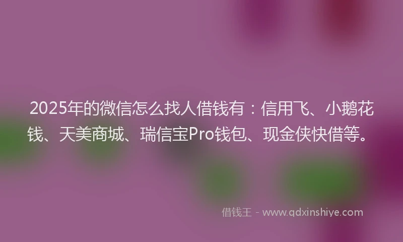 2025年的微信怎么找人借钱有：信用飞、小鹅花钱、天美商城、瑞信宝Pro钱包、现金侠快借等。