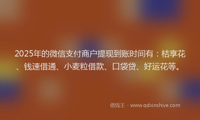 2025年的微信支付商户提现到账时间有：桔享花、钱速借通、小麦粒借款、口袋贷、好运花等。