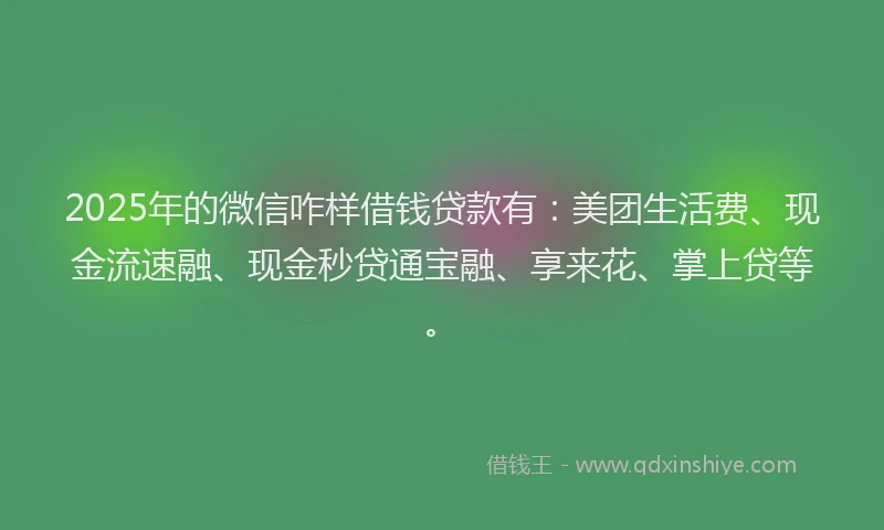 2025年的微信咋样借钱贷款有：美团生活费、现金流速融、现金秒贷通宝融、享来花、掌上贷等。