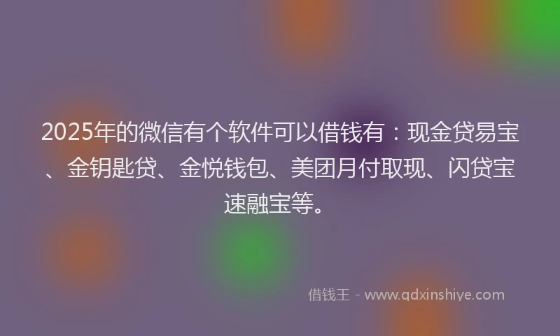 2025年的微信有个软件可以借钱有：现金贷易宝、金钥匙贷、金悦钱包、美团月付取现、闪贷宝速融宝等。