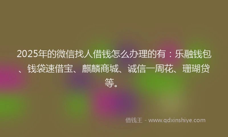 2025年的微信找人借钱怎么办理的有：乐融钱包、钱袋速借宝、麒麟商城、诚信一周花、珊瑚贷等。