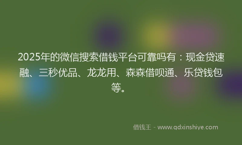 2025年的微信搜索借钱平台可靠吗有：现金贷速融、三秒优品、龙龙用、森森借呗通、乐贷钱包等。