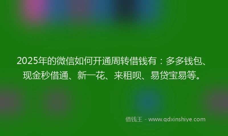 2025年的微信如何开通周转借钱有：多多钱包、现金秒借通、新一花、来租呗、易贷宝易等。