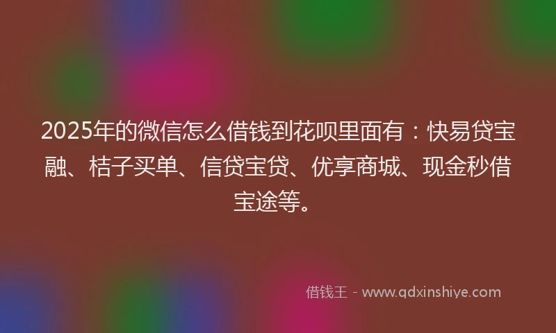 2025年的微信怎么借钱到花呗里面有：快易贷宝融、桔子买单、信贷宝贷、优享商城、现金秒借宝途等。