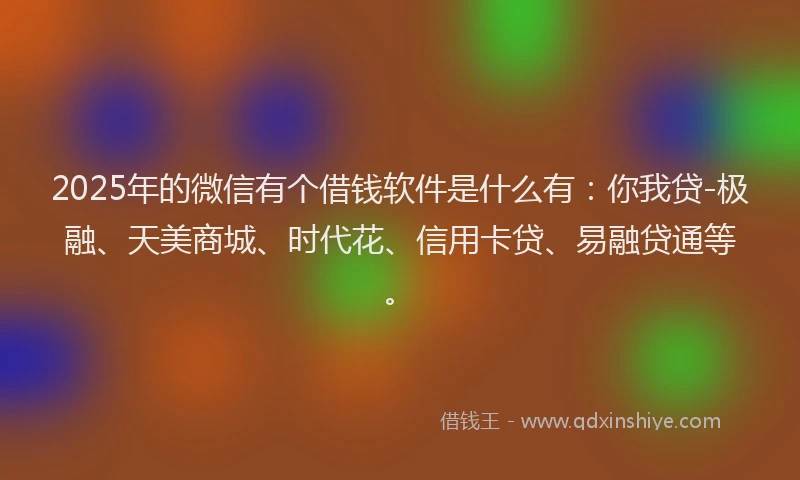 2025年的微信有个借钱软件是什么有：你我贷-极融、天美商城、时代花、信用卡贷、易融贷通等。