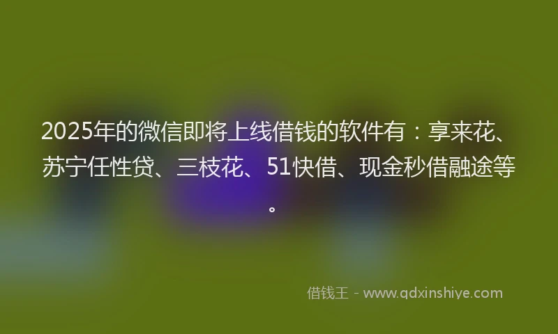 2025年的微信即将上线借钱的软件有：享来花、苏宁任性贷、三枝花、51快借、现金秒借融途等。