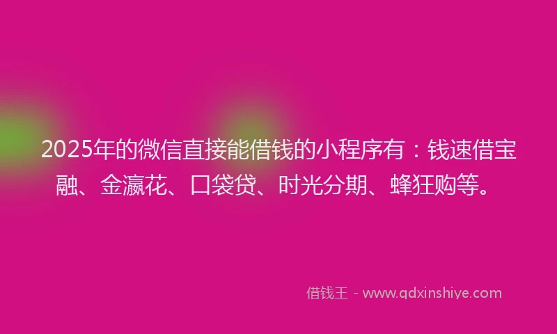 2025年的微信直接能借钱的小程序有：钱速借宝融、金瀛花、口袋贷、时光分期、蜂狂购等。