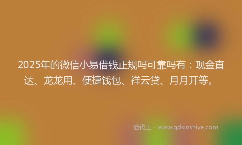 2025年的微信小易借钱正规吗可靠吗有：现金直达、龙龙用、便捷钱包、祥云贷、月月开等。