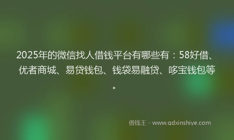2025年的微信找人借钱平台有哪些有：58好借、优者商城、易贷钱包、钱袋易融贷、哆宝钱包等。