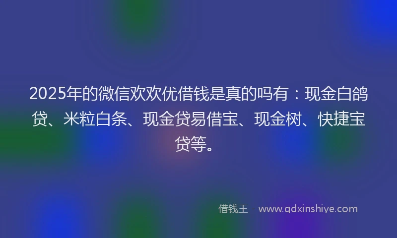 2025年的微信欢欢优借钱是真的吗有：现金白鸽贷、米粒白条、现金贷易借宝、现金树、快捷宝贷等。