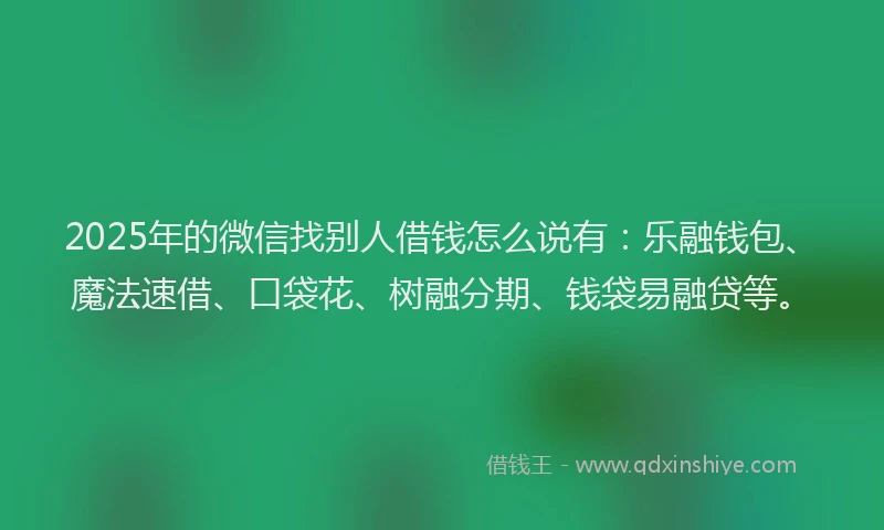 2025年的微信找别人借钱怎么说有：乐融钱包、魔法速借、口袋花、树融分期、钱袋易融贷等。