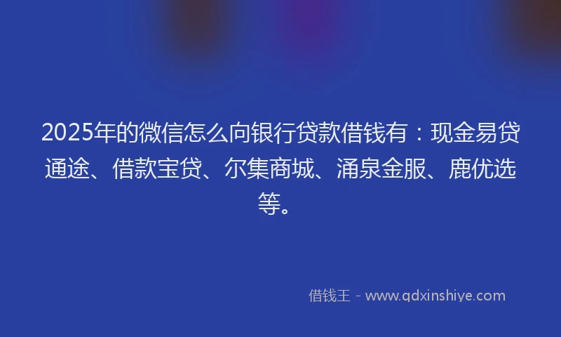 2025年的微信怎么向银行贷款借钱有：现金易贷通途、借款宝贷、尔集商城、涌泉金服、鹿优选等。