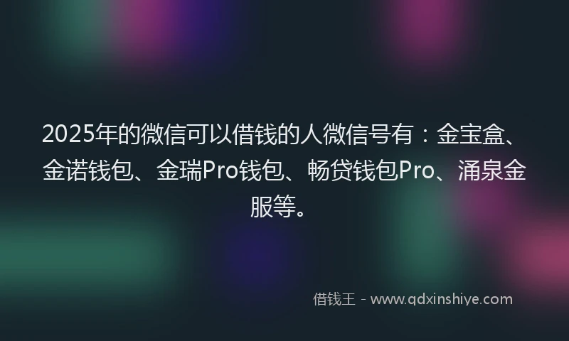 2025年的微信可以借钱的人微信号有：金宝盒、金诺钱包、金瑞Pro钱包、畅贷钱包Pro、涌泉金服等。