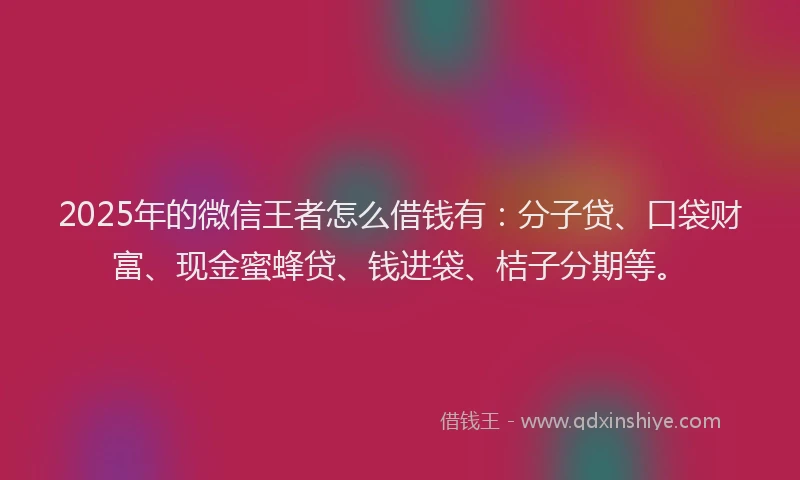 2025年的微信王者怎么借钱有：分子贷、口袋财富、现金蜜蜂贷、钱进袋、桔子分期等。