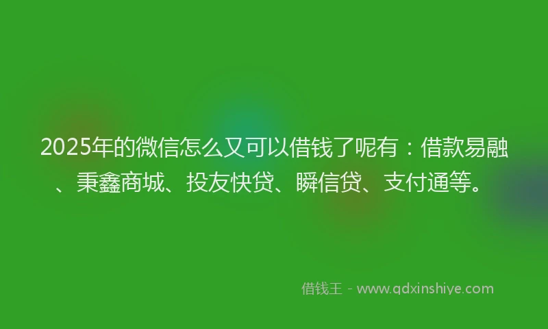 2025年的微信怎么又可以借钱了呢有：借款易融、秉鑫商城、投友快贷、瞬信贷、支付通等。
