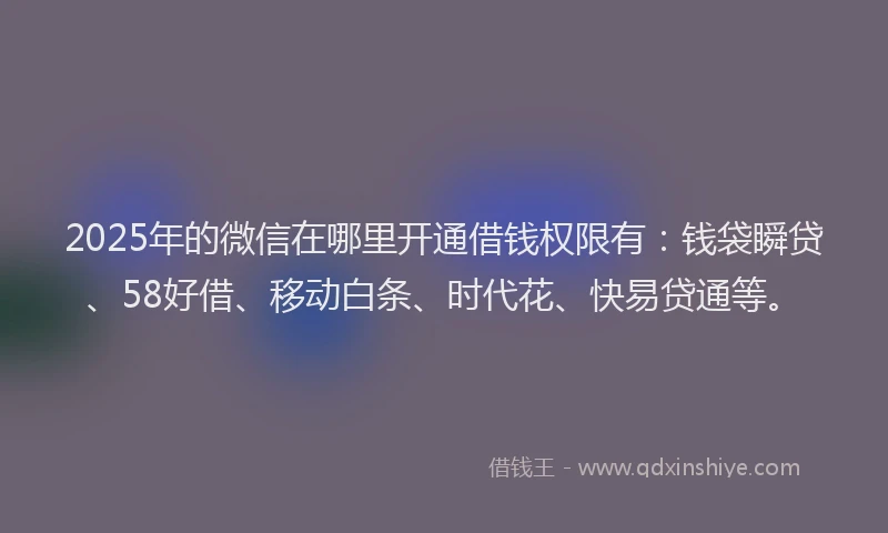 2025年的微信在哪里开通借钱权限有：钱袋瞬贷、58好借、移动白条、时代花、快易贷通等。