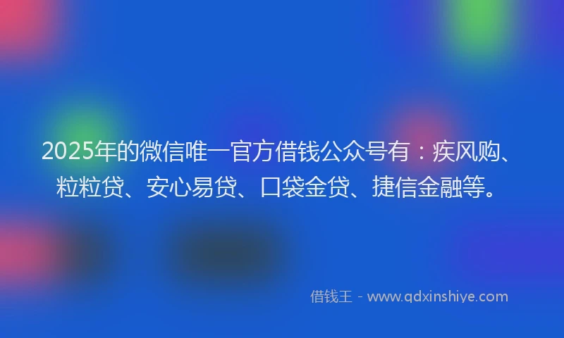 2025年的微信唯一官方借钱公众号有：疾风购、粒粒贷、安心易贷、口袋金贷、捷信金融等。