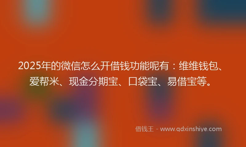 2025年的微信怎么开借钱功能呢有：维维钱包、爱帮米、现金分期宝、口袋宝、易借宝等。