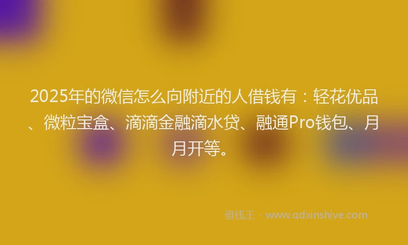 2025年的微信怎么向附近的人借钱有：轻花优品、微粒宝盒、滴滴金融滴水贷、融通Pro钱包、月月开等。