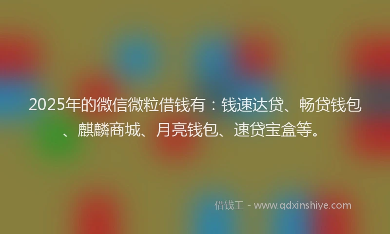 2025年的微信微粒借钱有：钱速达贷、畅贷钱包、麒麟商城、月亮钱包、速贷宝盒等。