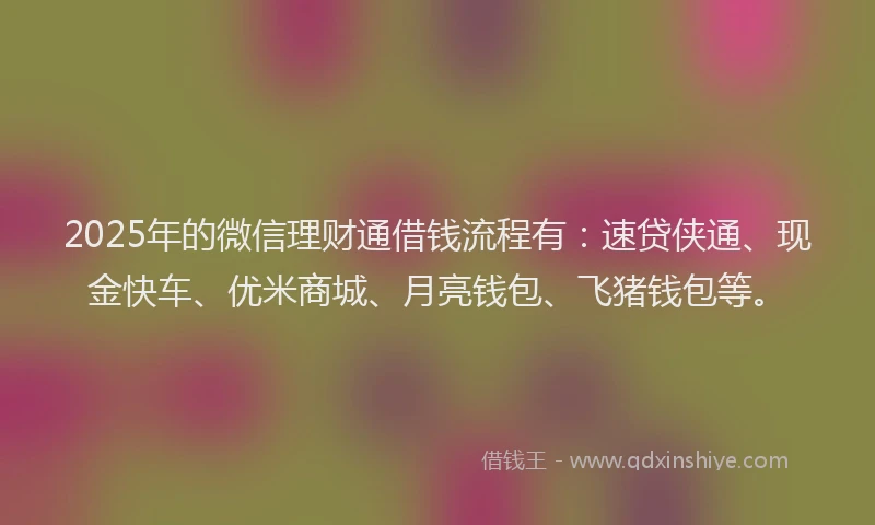 2025年的微信理财通借钱流程有：速贷侠通、现金快车、优米商城、月亮钱包、飞猪钱包等。