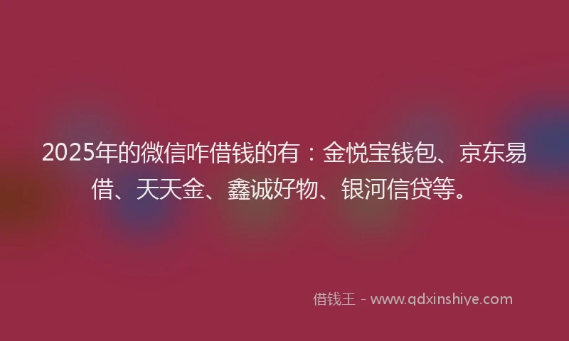 2025年的微信咋借钱的有：金悦宝钱包、京东易借、天天金、鑫诚好物、银河信贷等。