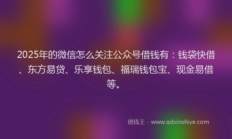 2025年的微信怎么关注公众号借钱有：钱袋快借、东方易贷、乐享钱包、福瑞钱包宝、现金易借等。