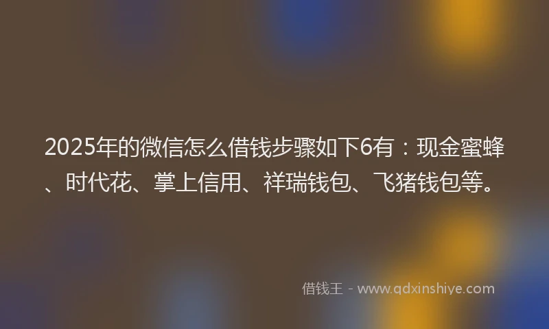 2025年的微信怎么借钱步骤如下6有：现金蜜蜂、时代花、掌上信用、祥瑞钱包、飞猪钱包等。