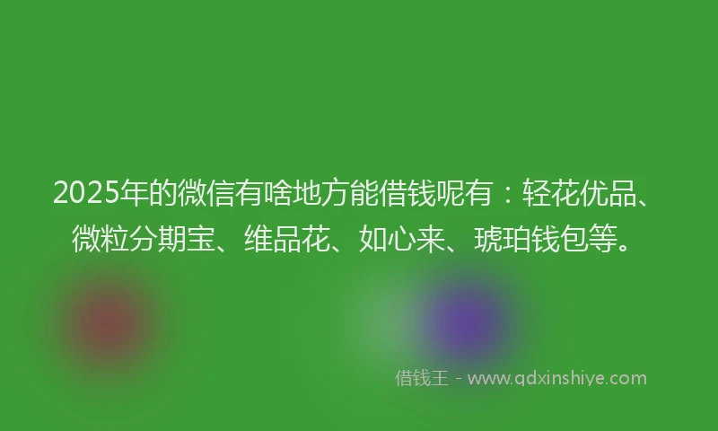 2025年的微信有啥地方能借钱呢有：轻花优品、微粒分期宝、维品花、如心来、琥珀钱包等。