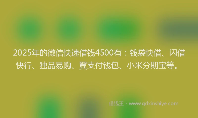 2025年的微信快速借钱4500有：钱袋快借、闪借快行、独品易购、翼支付钱包、小米分期宝等。