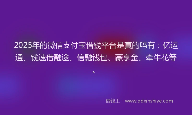 2025年的微信支付宝借钱平台是真的吗有：亿运通、钱速借融途、信融钱包、蒙享金、牵牛花等。