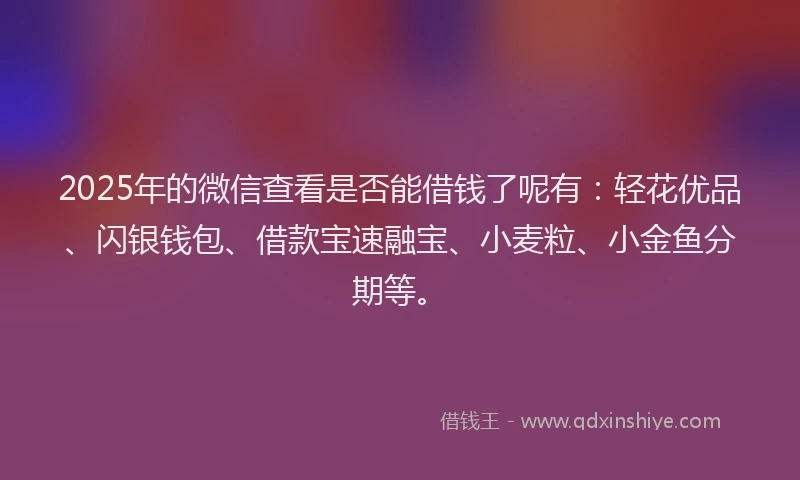 2025年的微信查看是否能借钱了呢有：轻花优品、闪银钱包、借款宝速融宝、小麦粒、小金鱼分期等。