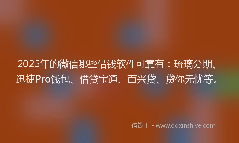 2025年的微信哪些借钱软件可靠有：琉璃分期、迅捷Pro钱包、借贷宝通、百兴贷、贷你无忧等。