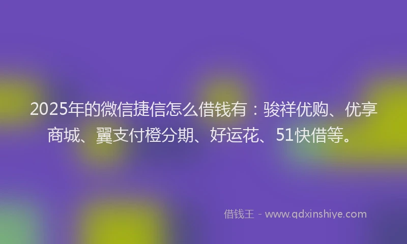 2025年的微信捷信怎么借钱有：骏祥优购、优享商城、翼支付橙分期、好运花、51快借等。