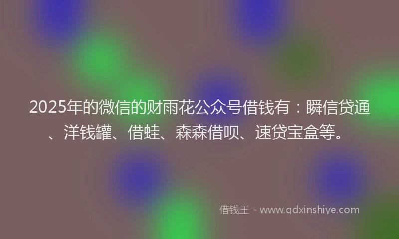 2025年的微信的财雨花公众号借钱有：瞬信贷通、洋钱罐、借蛙、森森借呗、速贷宝盒等。
