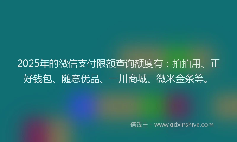 2025年的微信支付限额查询额度有：拍拍用、正好钱包、随意优品、一川商城、微米金条等。