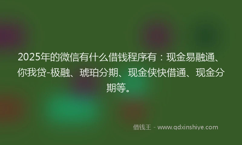 2025年的微信有什么借钱程序有：现金易融通、你我贷-极融、琥珀分期、现金侠快借通、现金分期等。