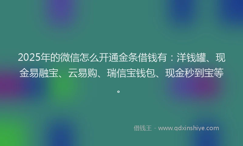 2025年的微信怎么开通金条借钱有：洋钱罐、现金易融宝、云易购、瑞信宝钱包、现金秒到宝等。