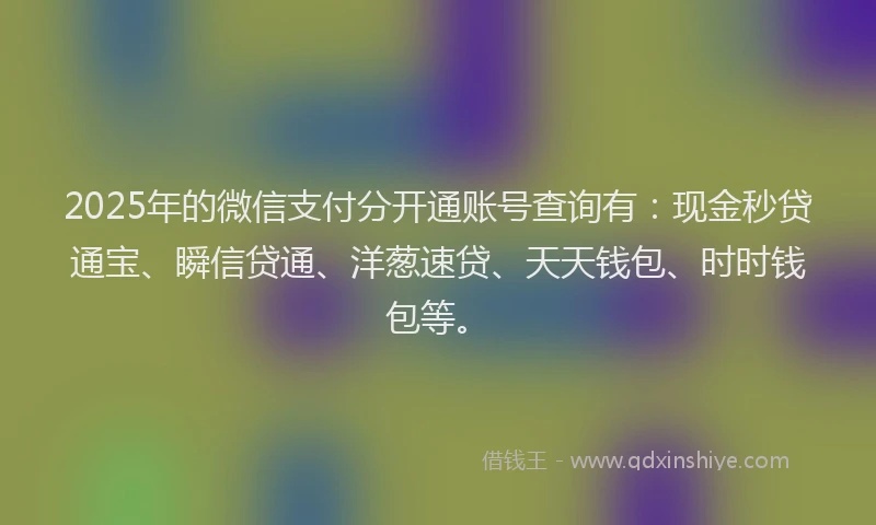 2025年的微信支付分开通账号查询有：现金秒贷通宝、瞬信贷通、洋葱速贷、天天钱包、时时钱包等。