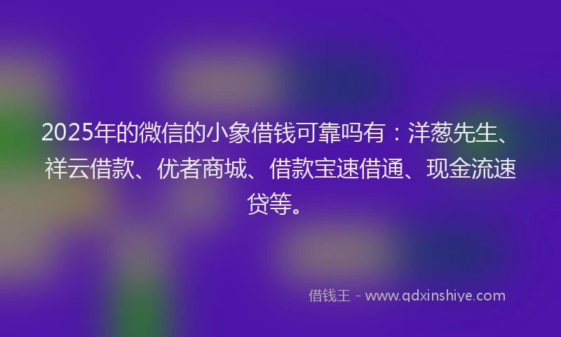 2025年的微信的小象借钱可靠吗有：洋葱先生、祥云借款、优者商城、借款宝速借通、现金流速贷等。